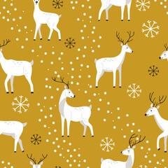 Hand-drawn winter white deer with snow on a yellow background in cute style. Seamless vector pattern with wild animals for wallpaper or wrapping paper for New Year and Christmas winter holidays