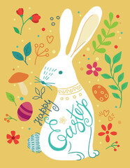 cute cartoon illustration of easter bunny with flowers and eggs, hand drawn writing