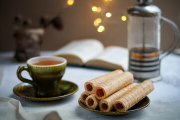 Chinese waffle egg roll with green tea on New Year's holiday