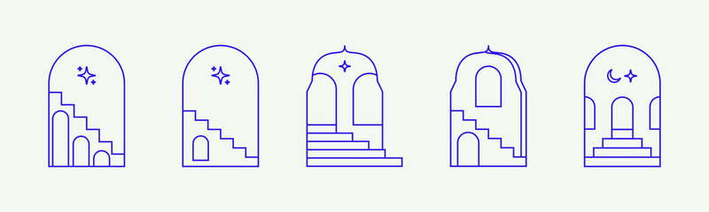 Boho arch with staircase. Minimal surreal doors with stairs. Bohemian arch with stair. Boho line arch, staircase, mystic frames.