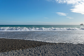 Costa Tropical beach in Almuñecar in the province of Granada, Andalusia, Spain. Europe. September 29, 2022
