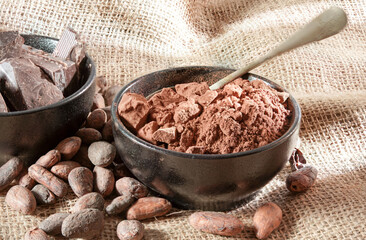 Bowls with chocolate, cocoa powder and raw cocoa beans
