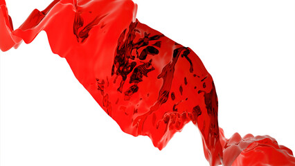 White background. Design.A red and blue scarf in animation that flies in different directions and paint comes from it.