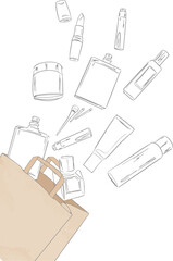 Beauty and wellness product tamplate, hair and skin care. Outline art. Craft shopping bag