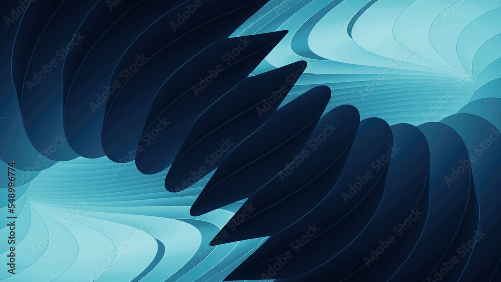Poster blue background. design.bright lines with hooks moving fast in a figure eight in abstraction.