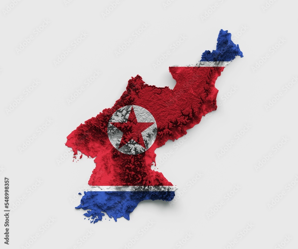 Sticker North Korea Map Flag Shaded relief Color Height map on white background