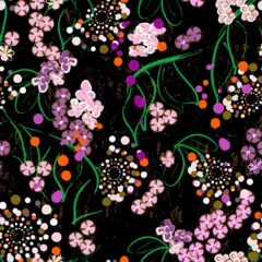 Fotobehang seamless floral background pattern, with flowers, leaves, circles, paint strokes and splashes © Kirsten Hinte