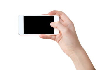 Hand holding a white smartphone, blank screen, isolated on transparent background