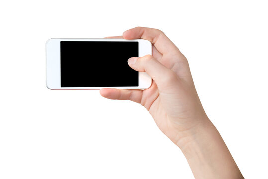 Hand holding a white smartphone, blank screen, isolated on transparent background