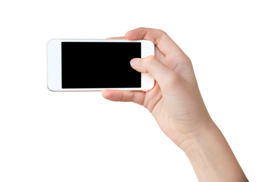 Hand holding a white smartphone, blank screen, isolated on transparent background