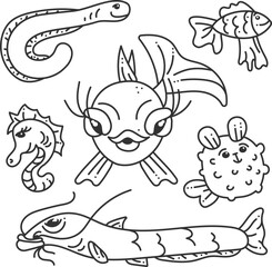 Doodle fish set. Cute small set with 5 types of sea creatures.