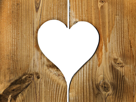 Heart shaped hole in wooden planks, heart frame, rustic love, isolated on transparent background