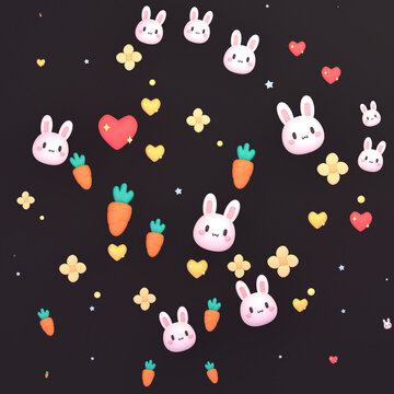 3d rendered kawaii bunny and carrot pattern.