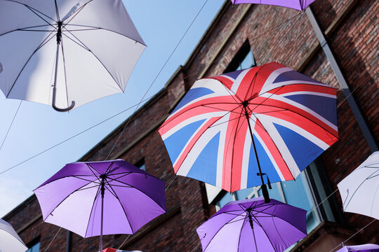 Durham UK: 7th June 2022: Durham's Umbrella Street Union Jack Flag makeover for Queen's Platinum Jubilee