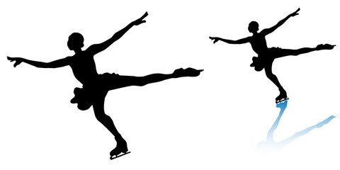 A set of silhouettes of women's singles figure skater (landing, black type)