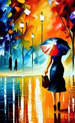 Woman with umbrella in park, palette knife oil style digital painting, colorful large brush strokes, trendy fashion print