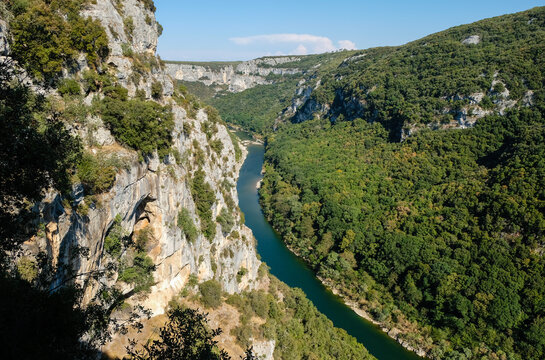 Famous Ardeche Gorge and River, South of France, Europe. View from the observation deck of Grotte de la Madeleine, Saint Remeze.