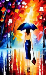 Woman with umbrella in park, palette knife oil style digital painting, colorful large brush strokes, trendy fashion print