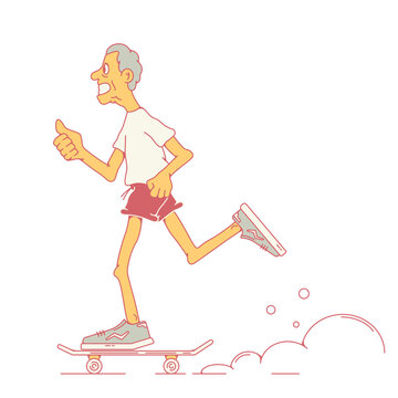 An elderly man is riding a skateboard,an old man is riding a skateboard.Shows a thumbs up. Athletic man.Side view.Stock vector illustration of an elderly man,a pensioner who leads an active lifestyle.