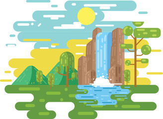 Waterfall landscape in flat design illustration