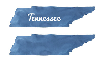 Watercolour illustration set of Tennessee State Map in two variation: empty template and with text lettering example. Hand painted water color drawing, isolated clipart elements for design decoration. - obrazy, fototapety, plakaty
