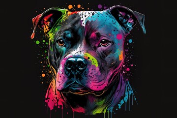 Staffordshire Bull Terrier in pop art style, rendered in neon colors over a black backdrop. - obrazy, fototapety, plakaty