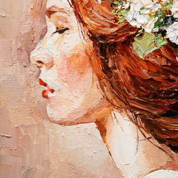Pretty red-haired  girl with a flower in her hair,  painted in an expressive manner. Palette knife technique of oil painting and brush.