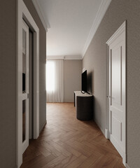 3D rendering of a modern bedroom in light colors