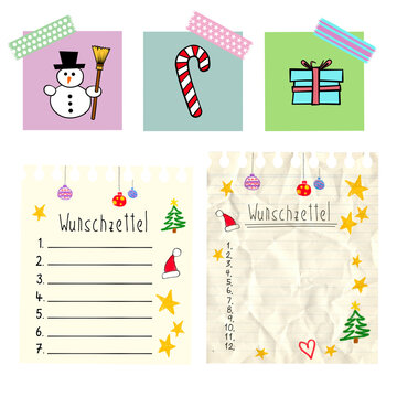 Weihnachtselemente Sticker und Wunschzettel mit Washitape PNG