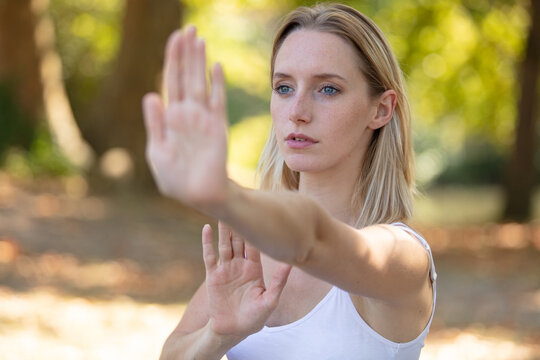 woman practicing tai chi quan in the park