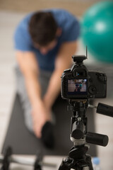 sports and health blogger recording video in sport concept