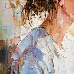 Portrait of young beautiful brown-haired girl with green eyes on a white background. Oil painting on canvas..