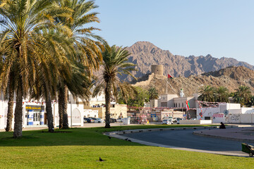 Obraz premium Traditional Omani architecture. Old Town of Muscat near Mutrah Corniche, Oman. Arabian Peninsula. 
