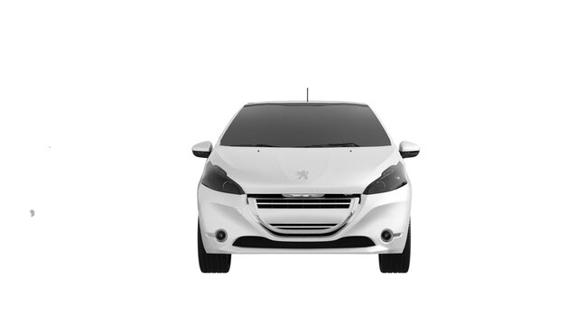 Peugeot 208 3d rendering of Peugeot car on transparent PNG background, white car front view	