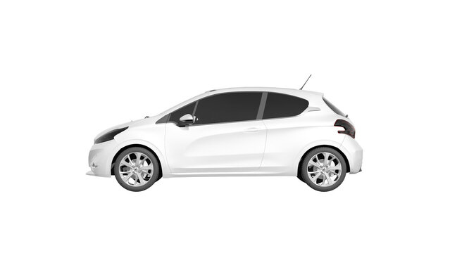 Peugeot 208 3d rendering of Peugeot car on transparent PNG background, white car side view	