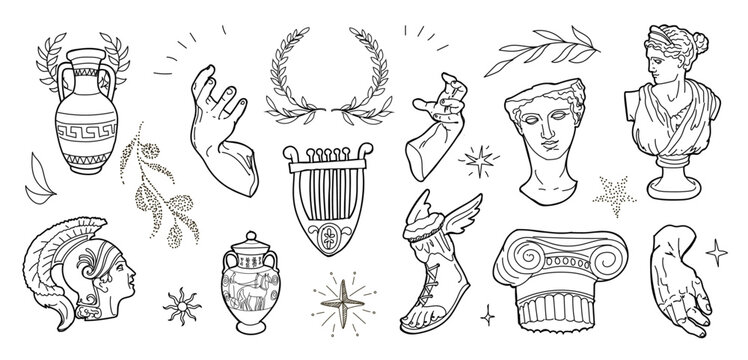 Abstract Greek Hand Drawn Ancient Sculpture Set.a. Vector Modern Statues. Antique Classic. Head, Body, Star, Laurel