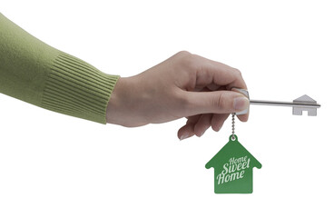PNG file no background Real estate agent holding a house key