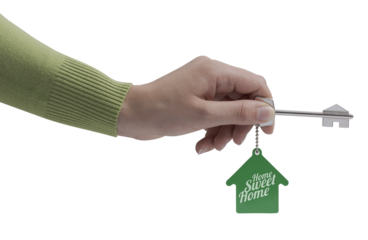 PNG file no background Real estate agent holding a house key