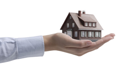 PNG file no background Hand holding a model house