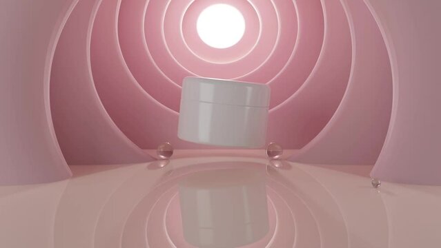 White jar for cosmetics on a beige background with glass balls. Women's cosmetics skincare. Realistic 3d animation.