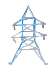 A high-voltage pole. Lines of intersecting electric wires. Industry, energy. Digital watercolor painting