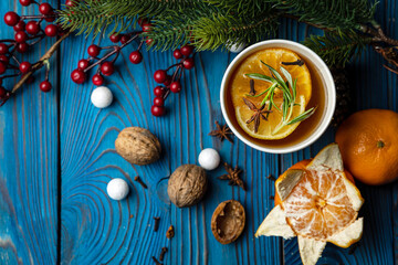 New Year's mulled wine with decor. Merry Christmas
