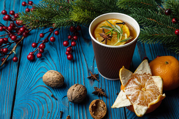 New Year's mulled wine with decor. Merry Christmas
