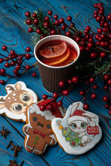 New Year's mulled wine with decor. Merry Christmas
