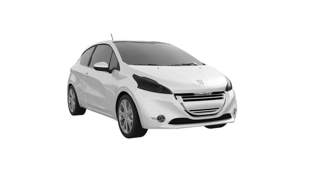 Peugeot 208 3d rendering of Peugeot car on transparent PNG background, white car front view	