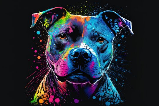 A picture of a Staffordshire Bull Terrier in neon colors in an abstract manner, set on a black backdrop and executed in the pop art tradition with splashes of watercolor.