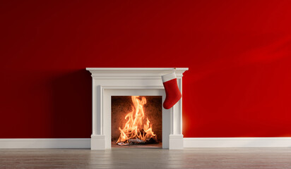 Festive stocking hanging from a fireplace at Christmas. 3D Rendering
