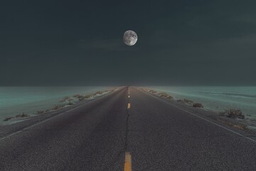 Straight road through the salt lfat at night with the full moon in the sky - 549004984