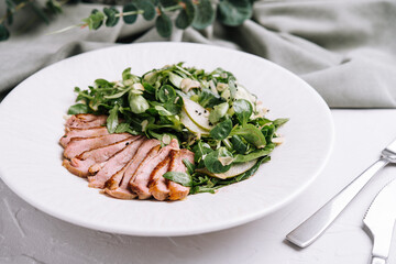 pieces of fillet of duck with salad