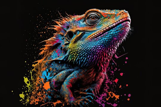 A pop art-inspired image of a neon-hued bearded dragon lizard superimposed on a black backdrop and including splatters of watercolor.